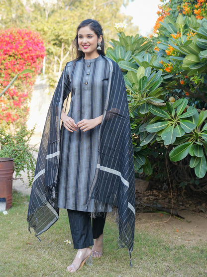 Black Straight Cotton Blend Kurta Set