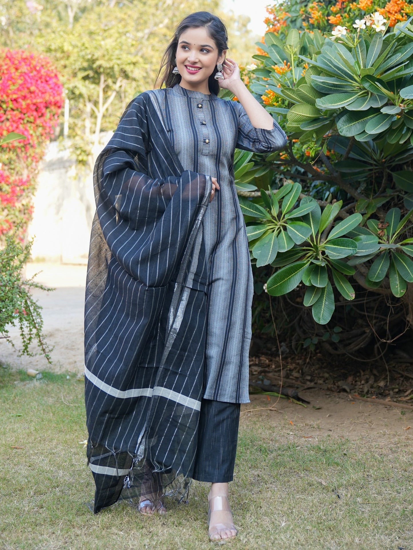 Black Straight Cotton Blend Kurta Set