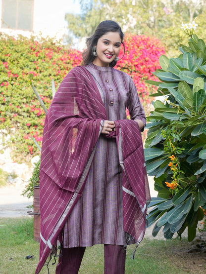 Wine Cotton Blend Straight Kurta Set