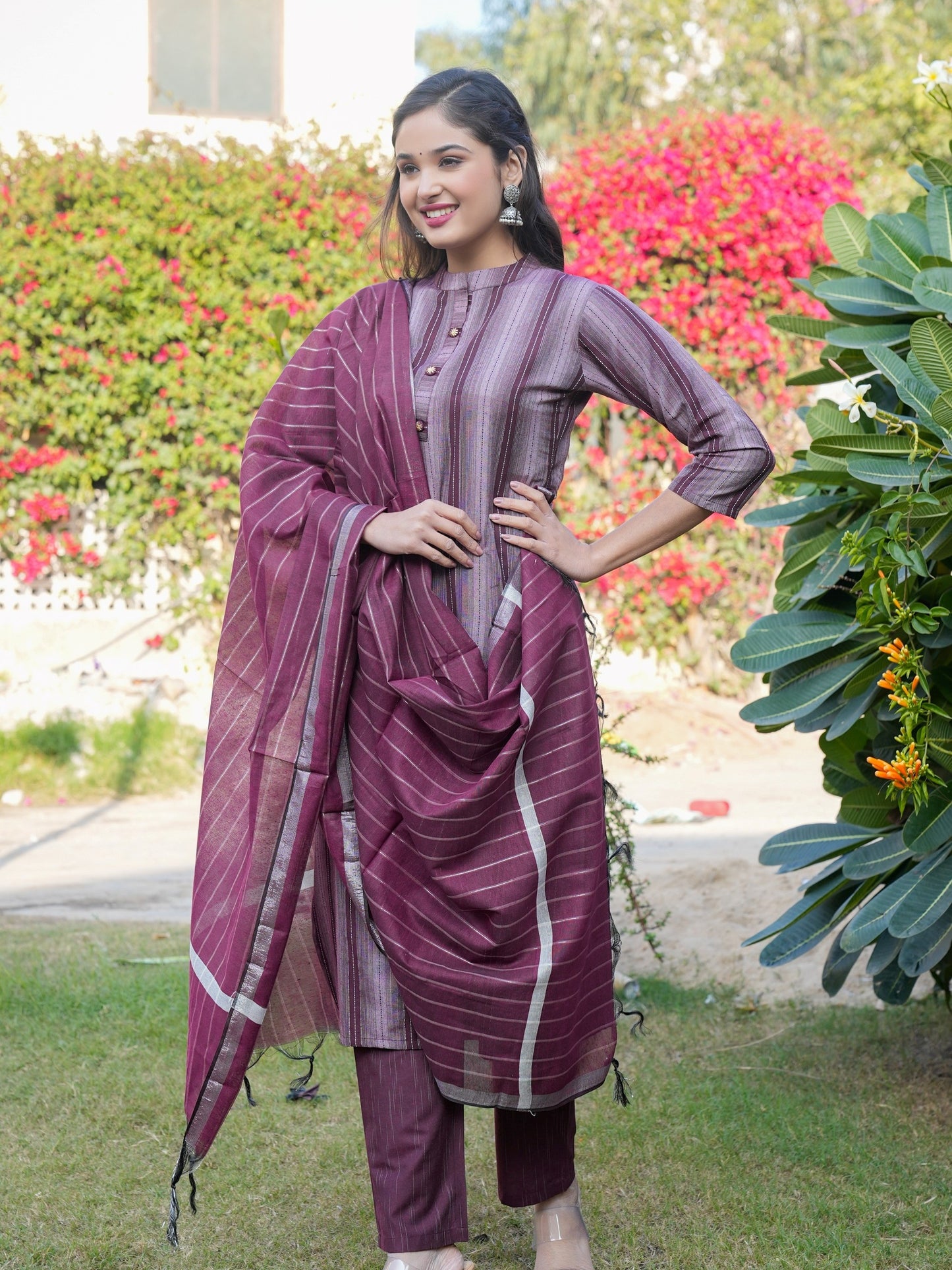 Wine Cotton Blend Straight Kurta Set