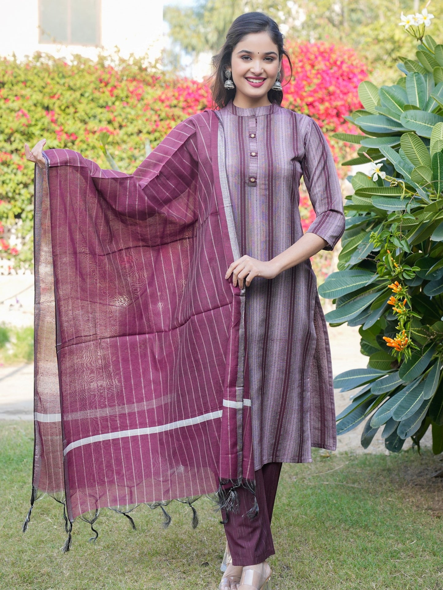 Wine Cotton Blend Straight Kurta Set