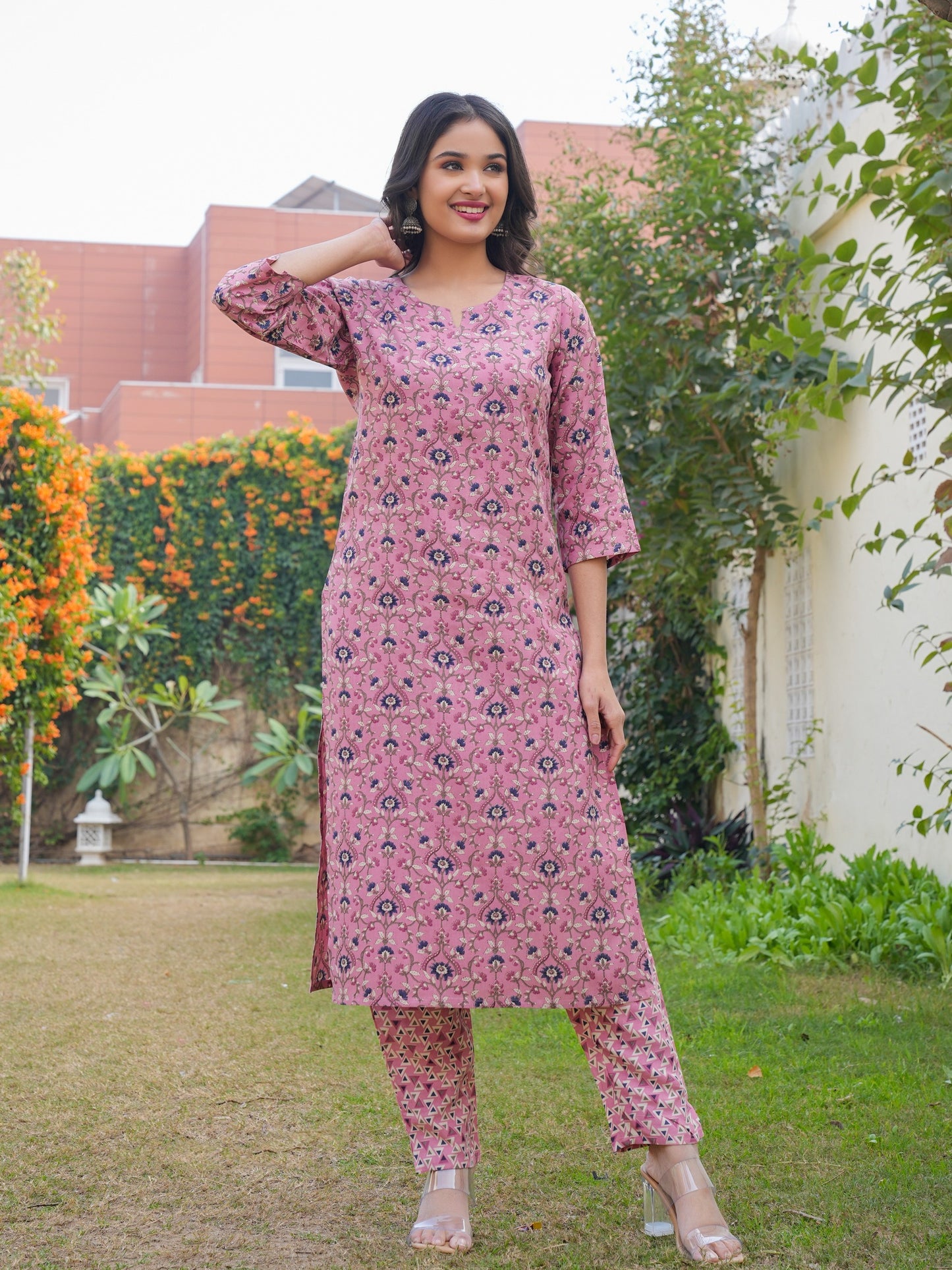 Flamingo Pink Rayon Printed Straight Kurta Set