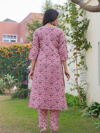 Flamingo Pink Rayon Printed Straight Kurta Set