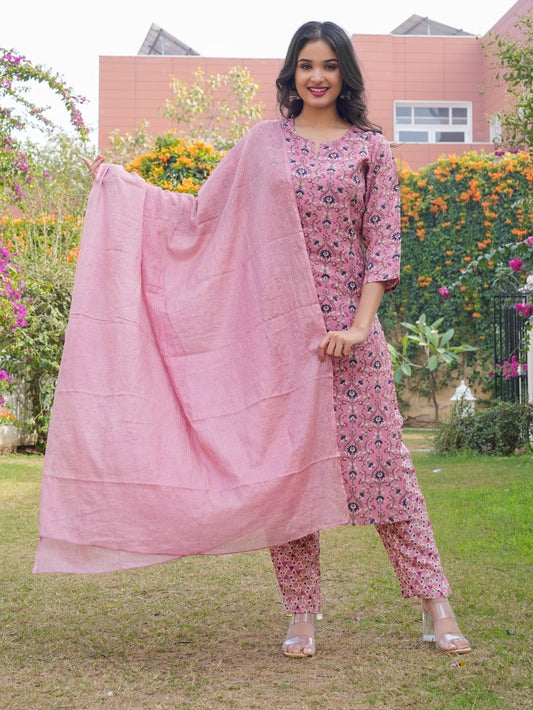 Flamingo Pink Rayon Printed Straight Kurta Set