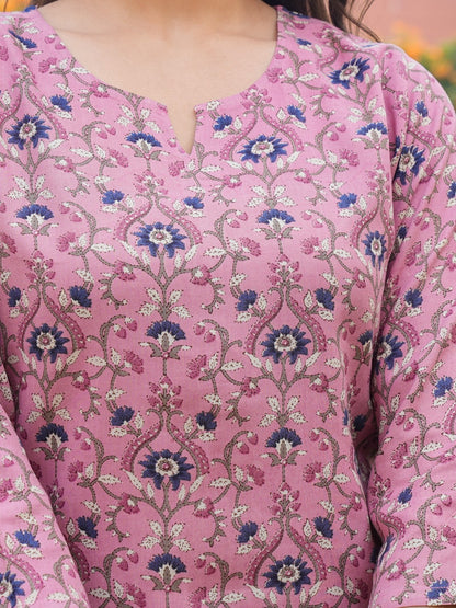 Flamingo Pink Rayon Printed Straight Kurta Set