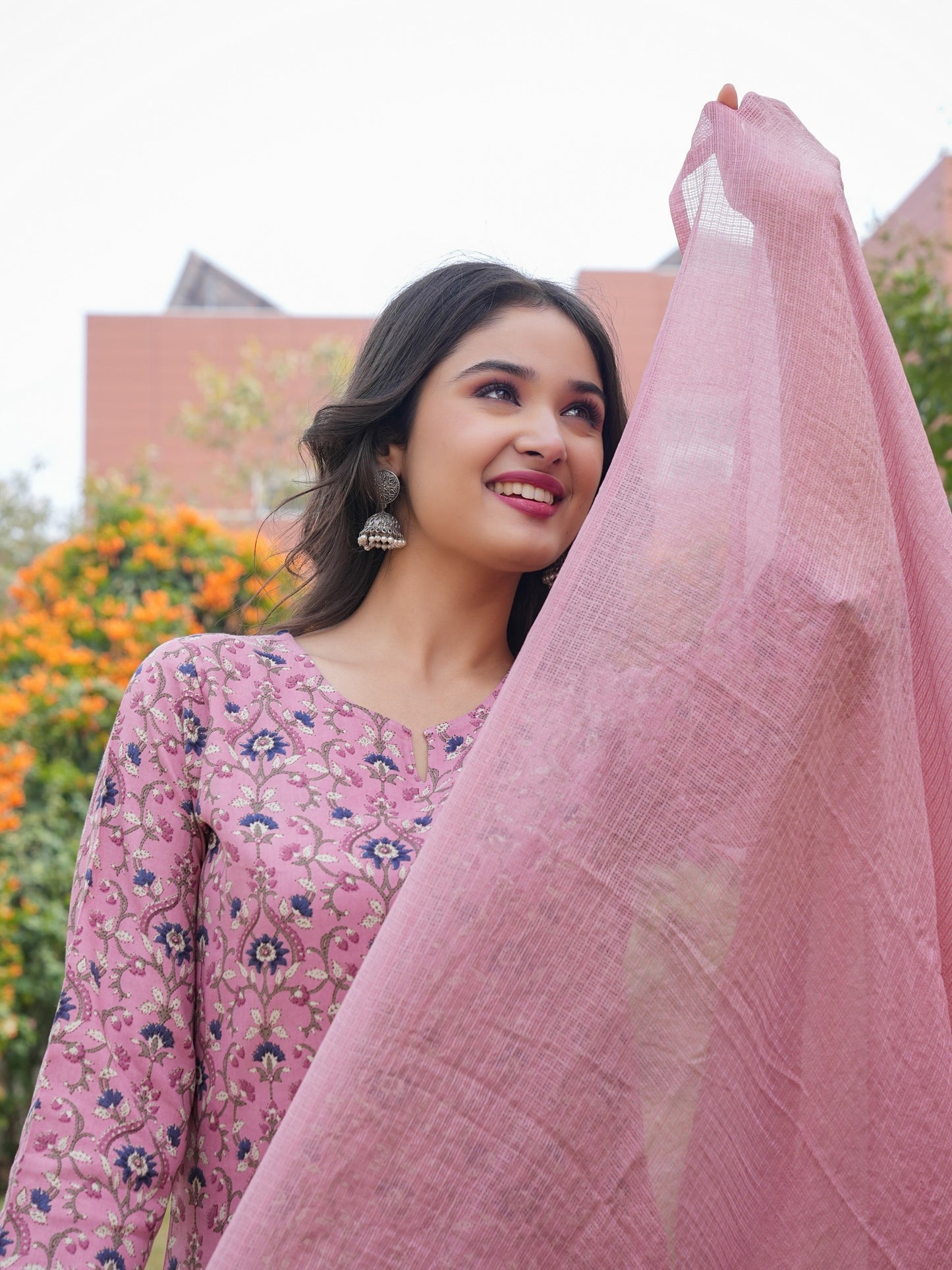 Flamingo Pink Rayon Printed Straight Kurta Set