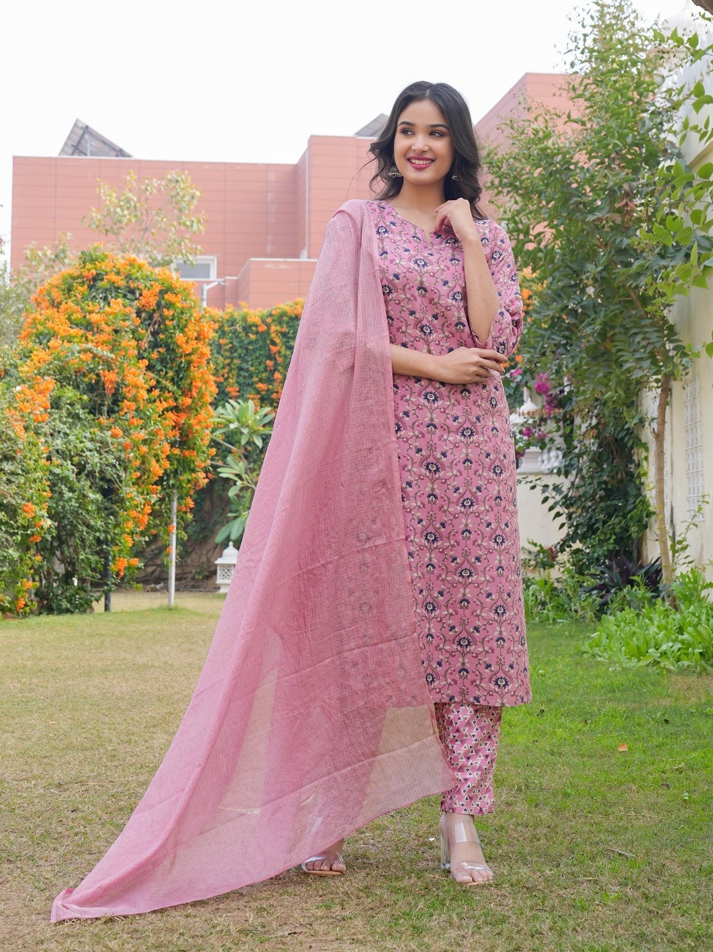 Flamingo Pink Rayon Printed Straight Kurta Set