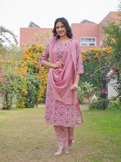 Flamingo Pink Rayon Printed Straight Kurta Set