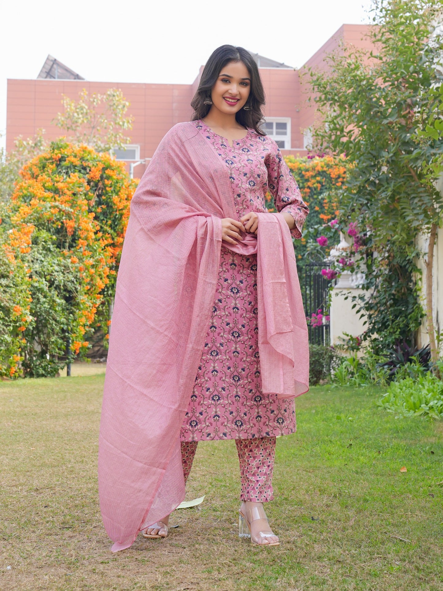 Flamingo Pink Rayon Printed Straight Kurta Set