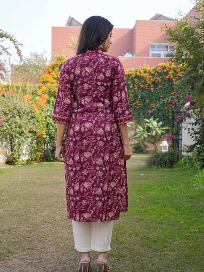 Purple Cotton Printed Straight Kurta