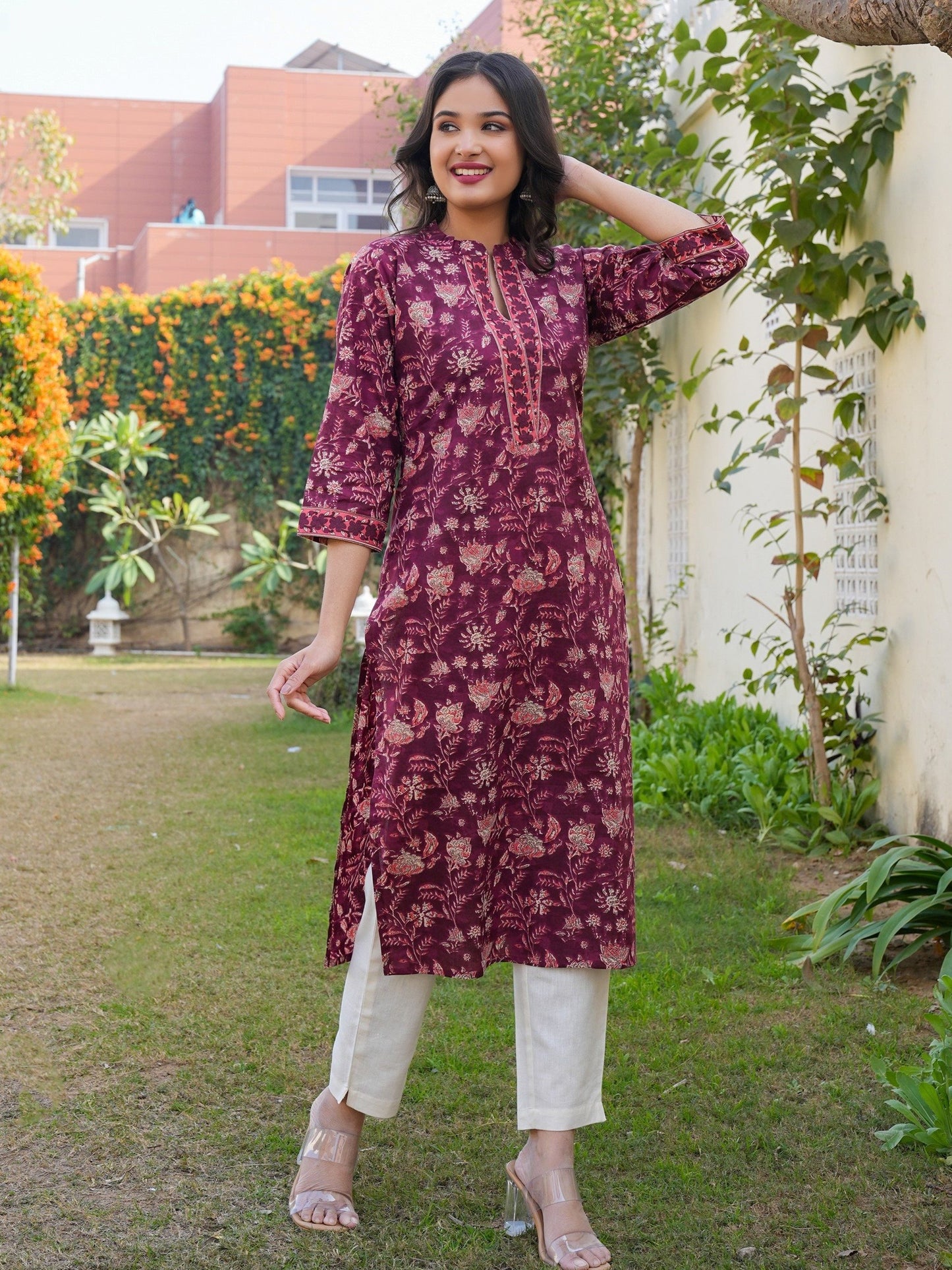 Purple Cotton Printed Straight Kurta