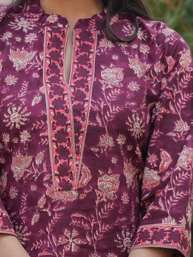 Purple Cotton Printed Straight Kurta