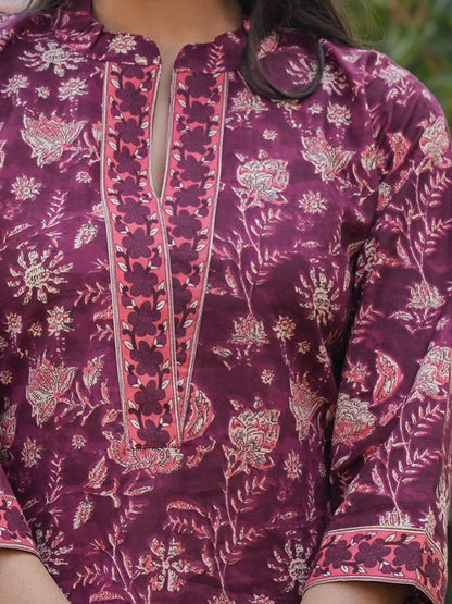 Purple Cotton Printed Straight Kurta