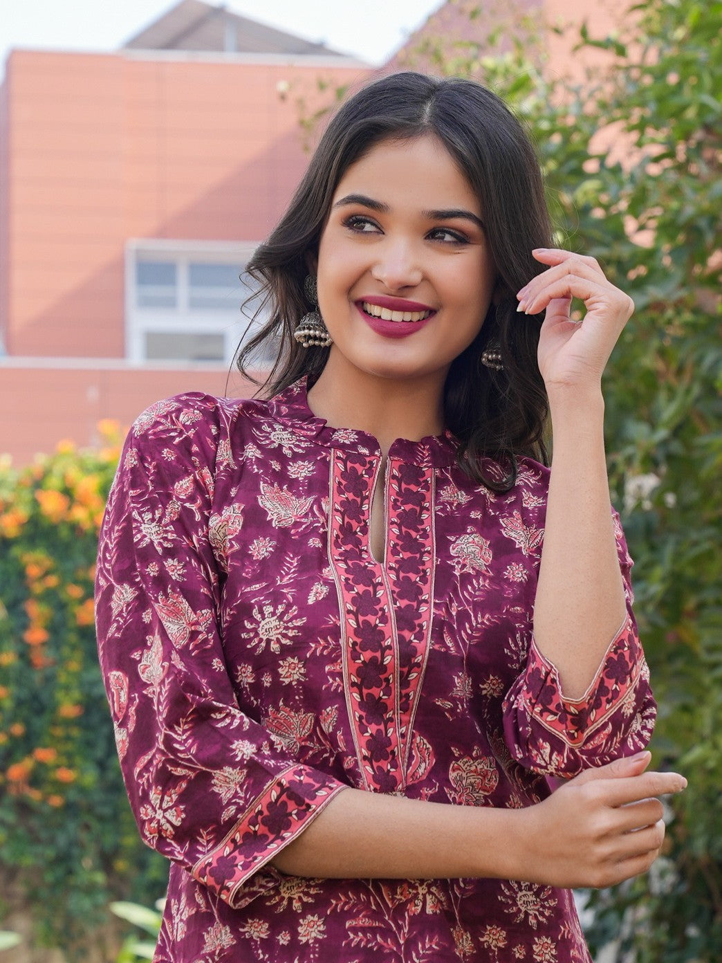 Purple Cotton Printed Straight Kurta