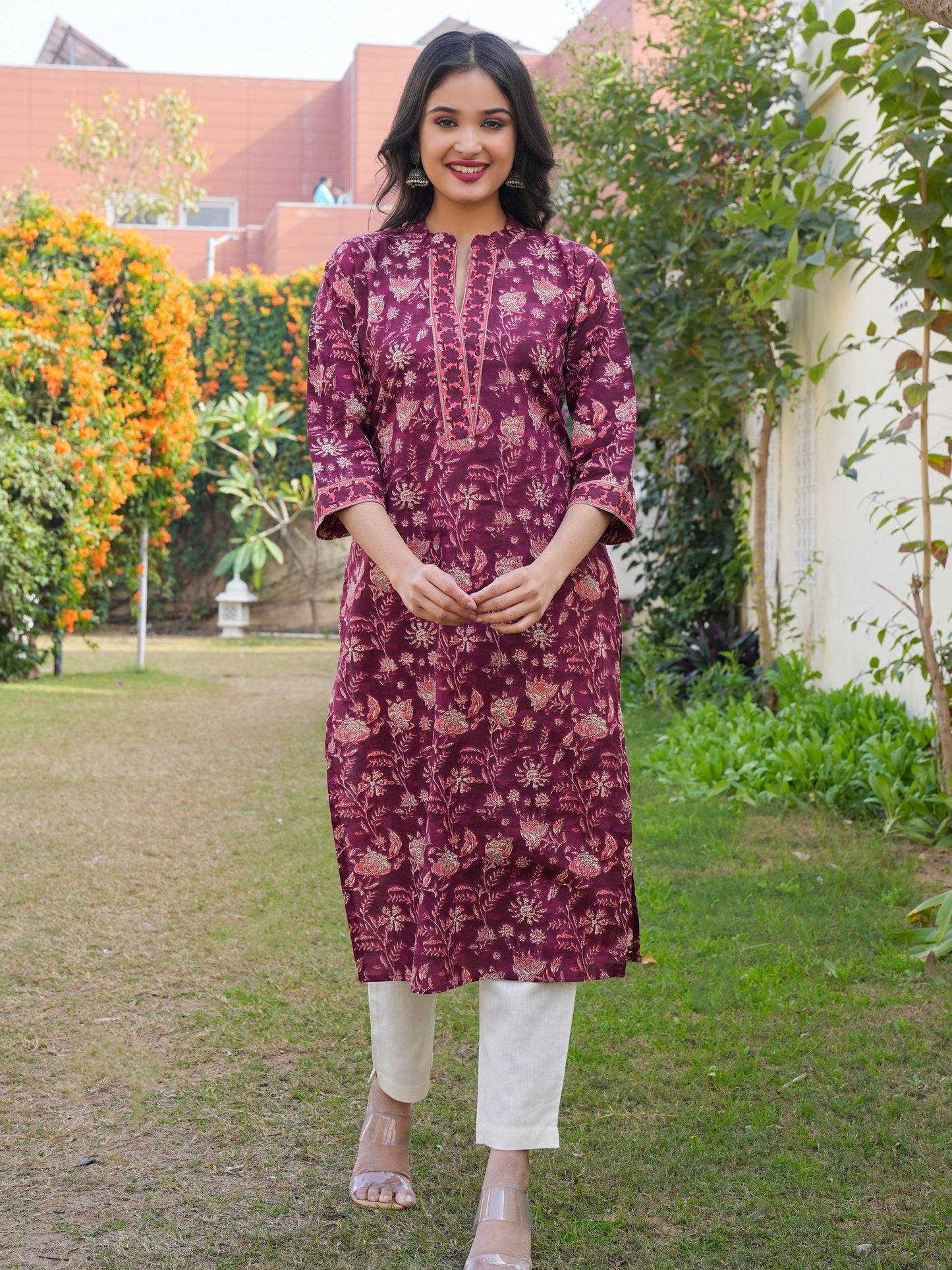 Purple Cotton Printed Straight Kurta