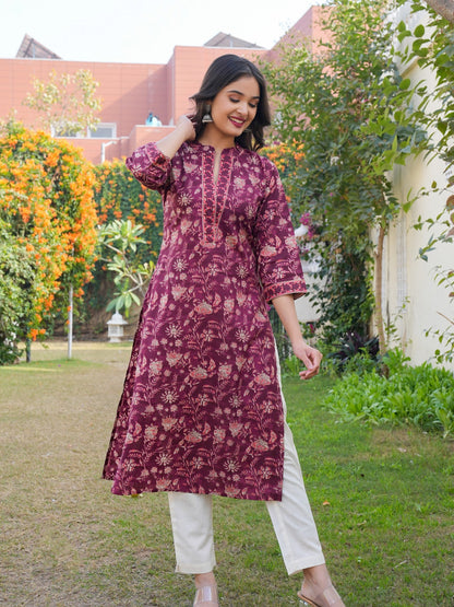 Purple Cotton Printed Straight Kurta