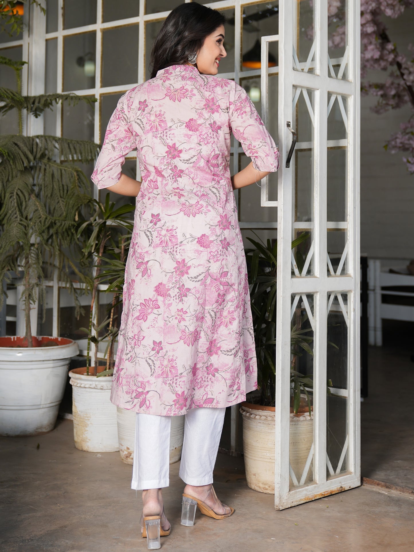 Pink Straight Cotton Stitched Kurta