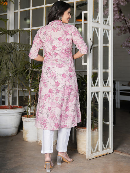 Pink Straight Cotton Stitched Kurta