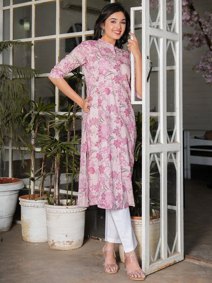 Pink Straight Cotton Stitched Kurta