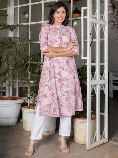 Pink Straight Cotton Stitched Kurta