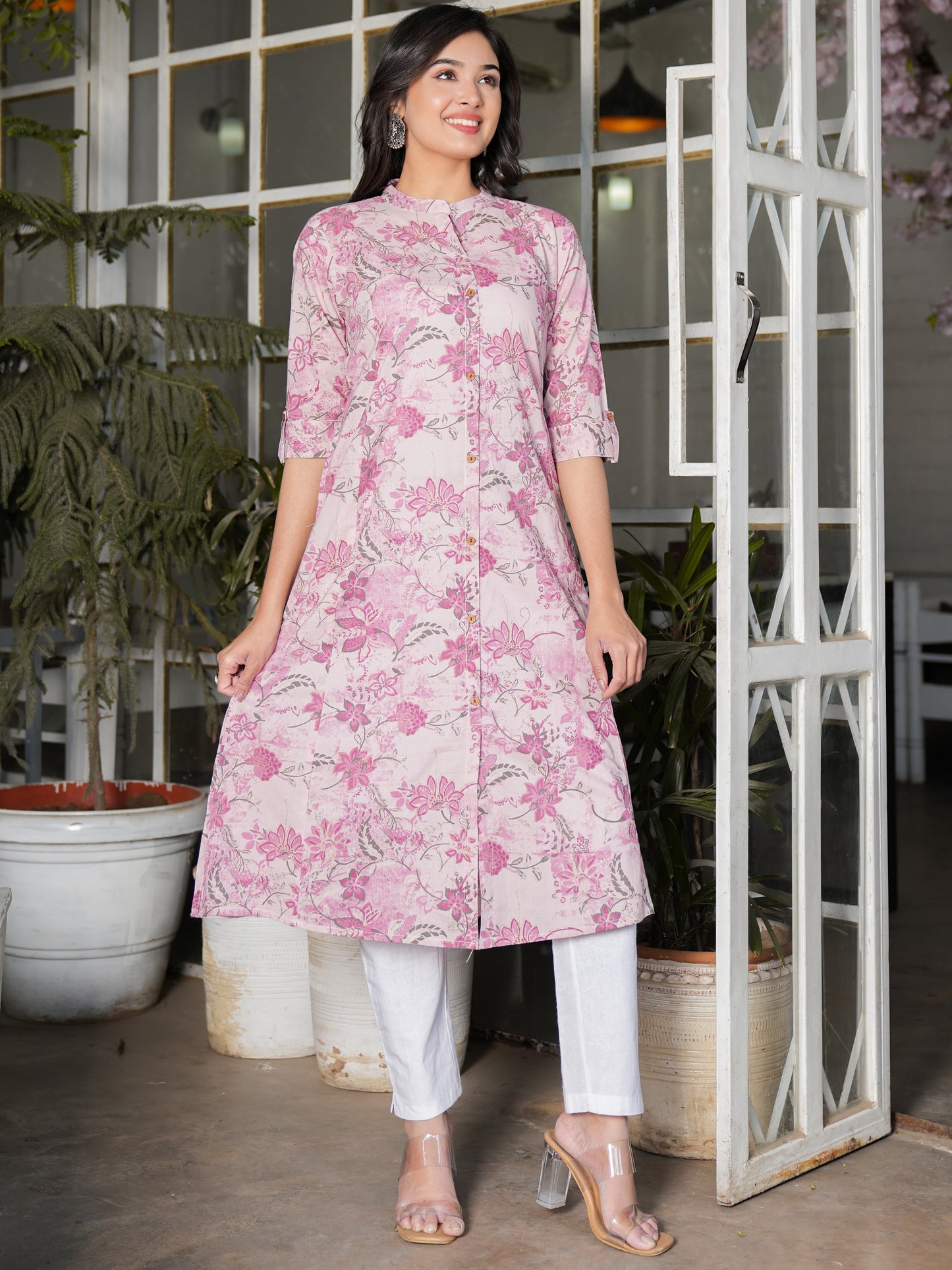 Pink Straight Cotton Stitched Kurta