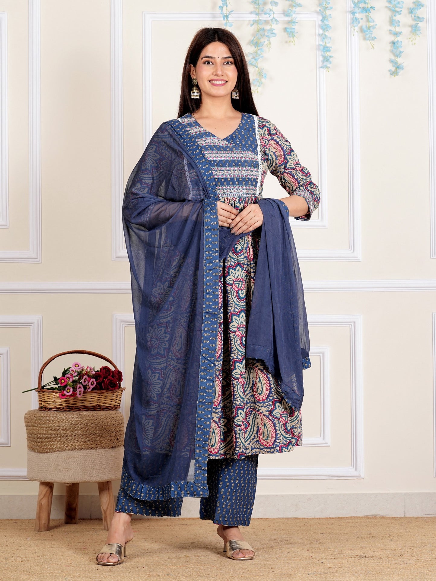 Blue Embroidered Anarkali Cotton Kurta Set