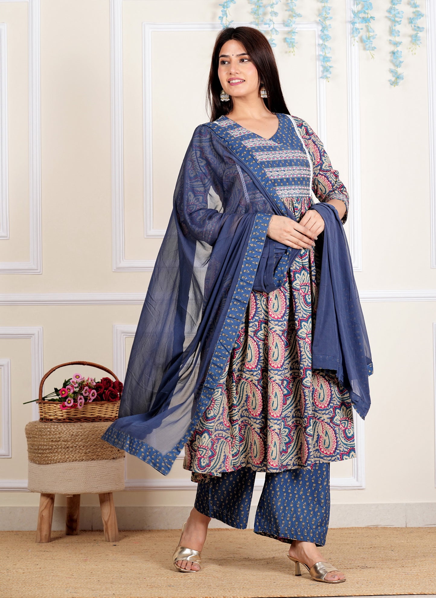 Blue Embroidered Anarkali Cotton Kurta Set