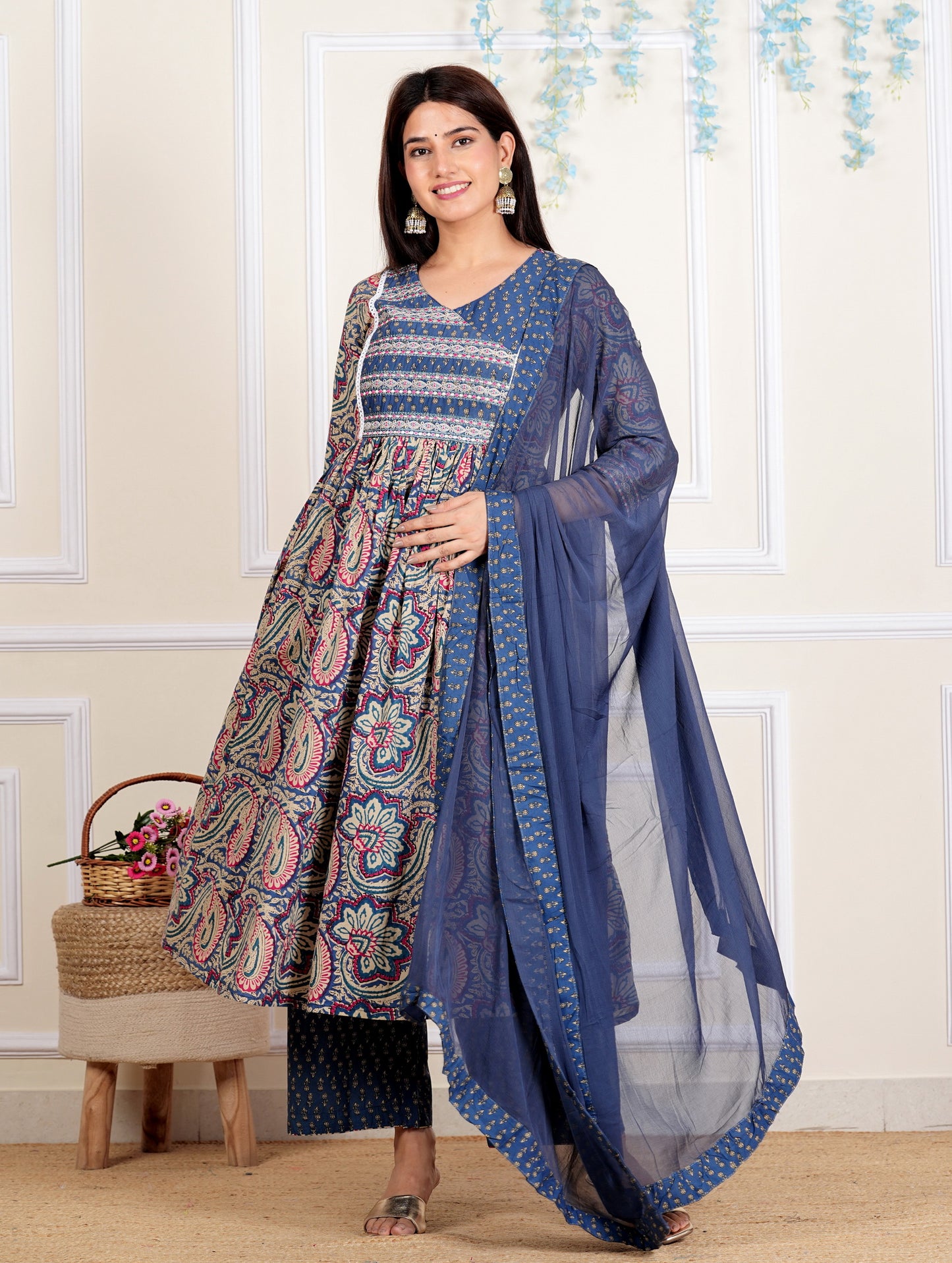 Blue Embroidered Anarkali Cotton Kurta Set