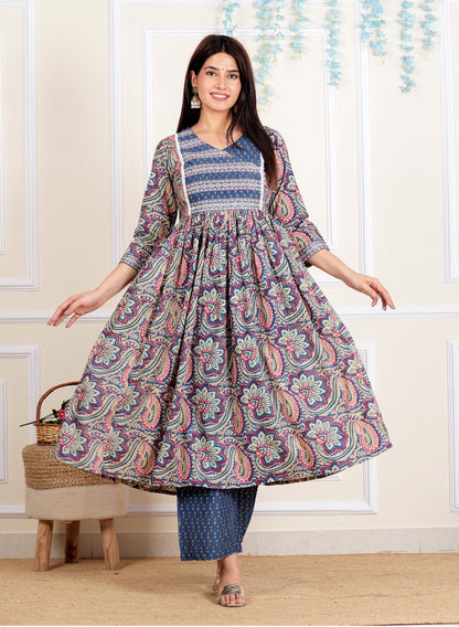 Blue Embroidered Anarkali Cotton Kurta Set