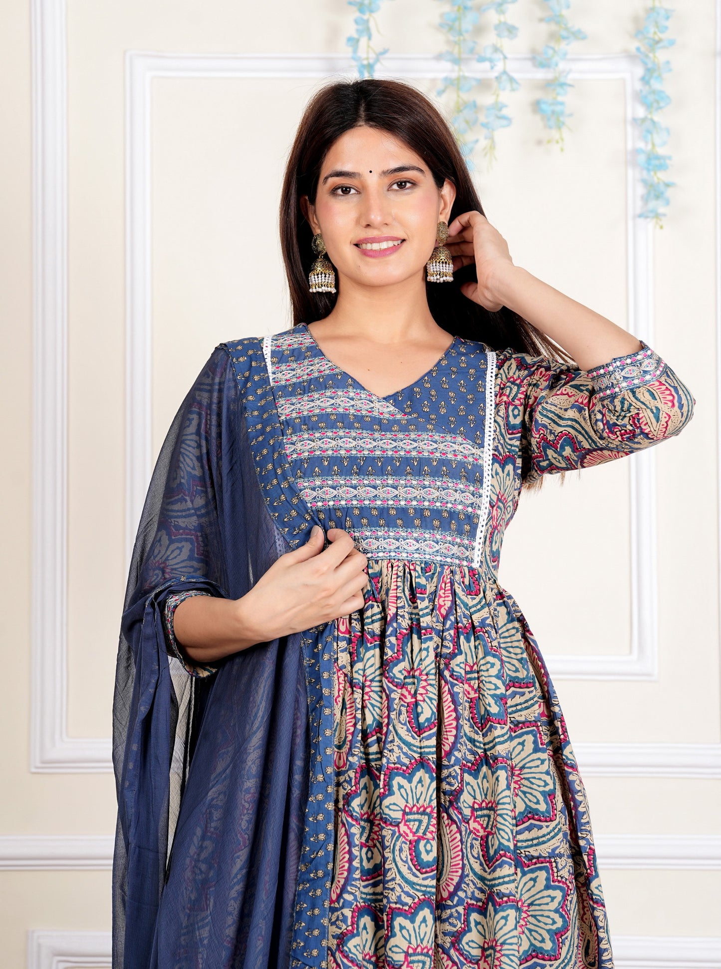 Blue Embroidered Anarkali Cotton Kurta Set