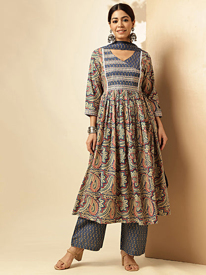 Embroiderd Sequence Work, Lace Details, Full Flared Anarkali Cotton Blue Stitched Kurta Palazzo With Dupatta