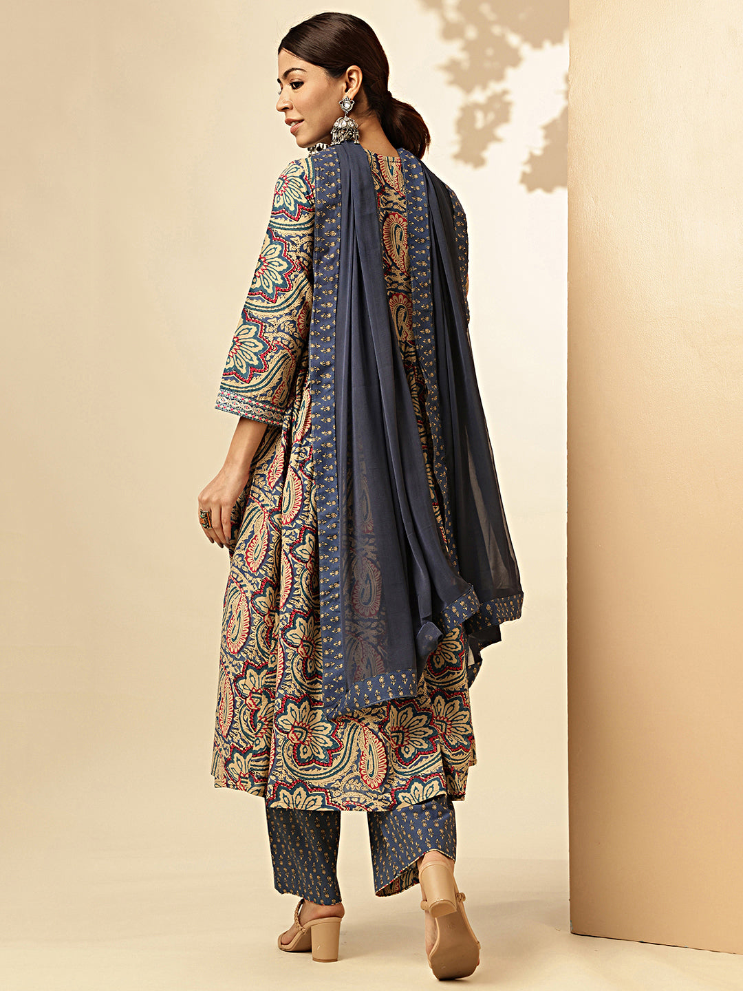 Embroiderd Sequence Work, Lace Details, Full Flared Anarkali Cotton Blue Stitched Kurta Palazzo With Dupatta