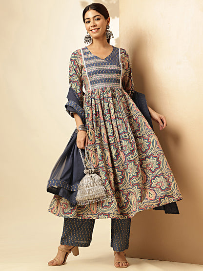 Embroiderd Sequence Work, Lace Details, Full Flared Anarkali Cotton Blue Stitched Kurta Palazzo With Dupatta