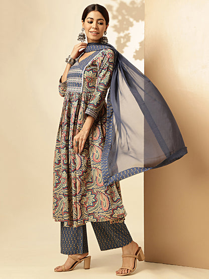 Embroiderd Sequence Work, Lace Details, Full Flared Anarkali Cotton Blue Stitched Kurta Palazzo With Dupatta