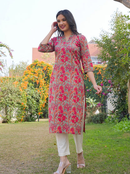 Pink And Teal Green Cotton Kurta