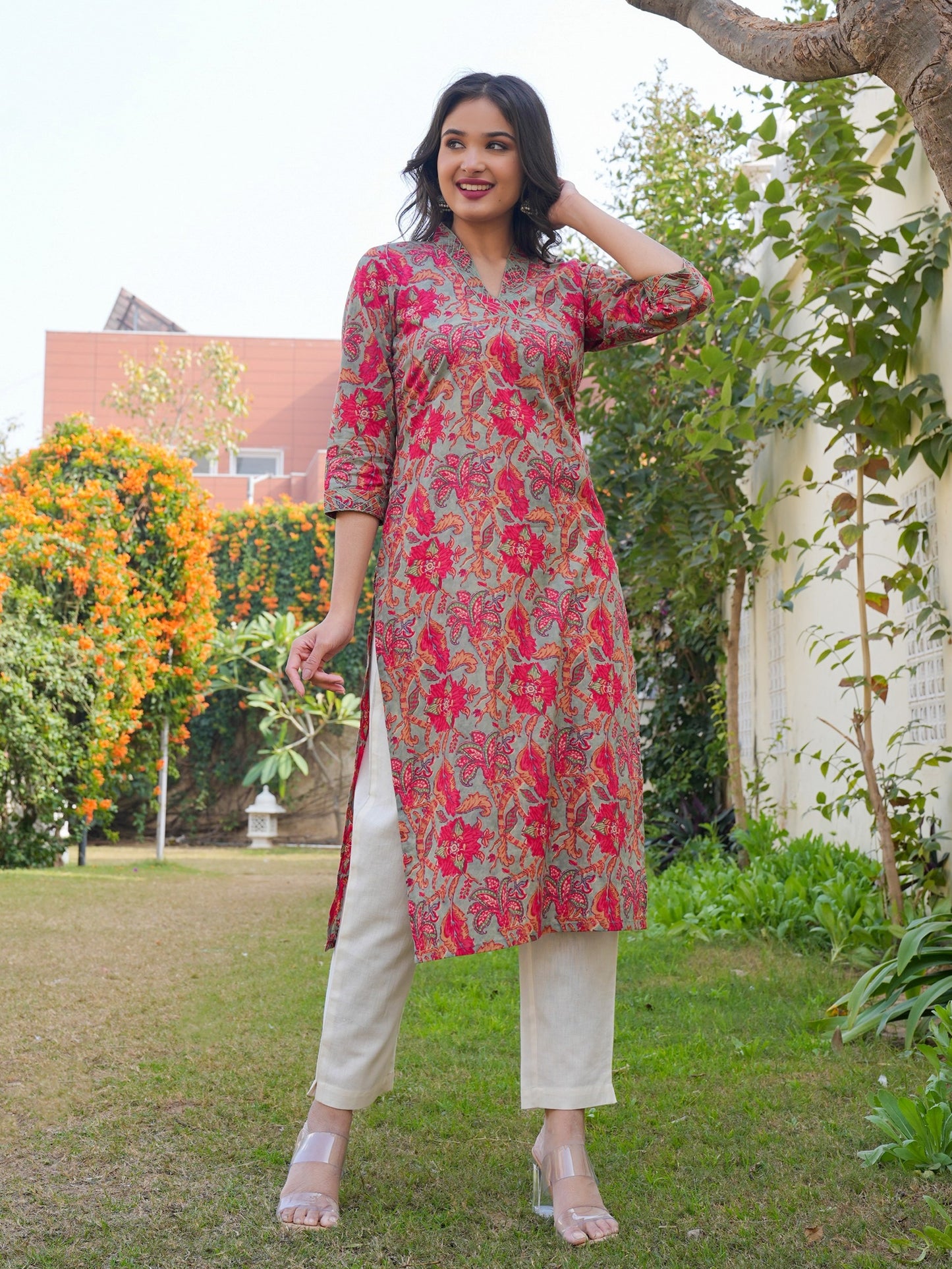 Pink And Teal Green Cotton Kurta