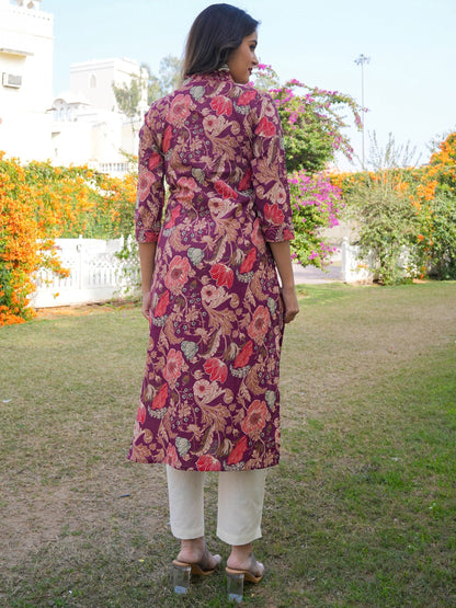 Purple Cotton Straight Printed Kurta