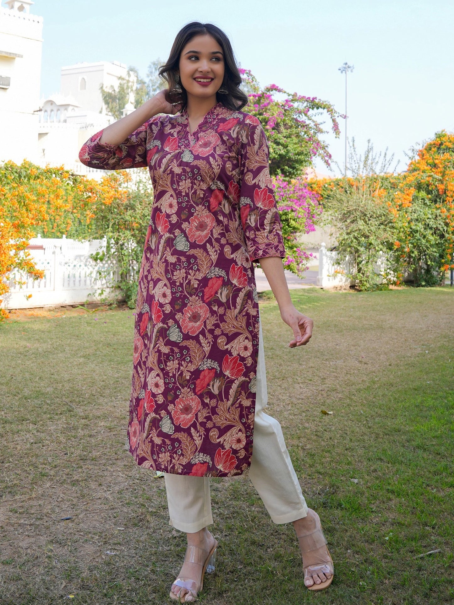 Purple Cotton Straight Printed Kurta