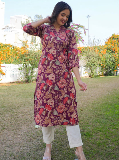 Purple Cotton Straight Printed Kurta