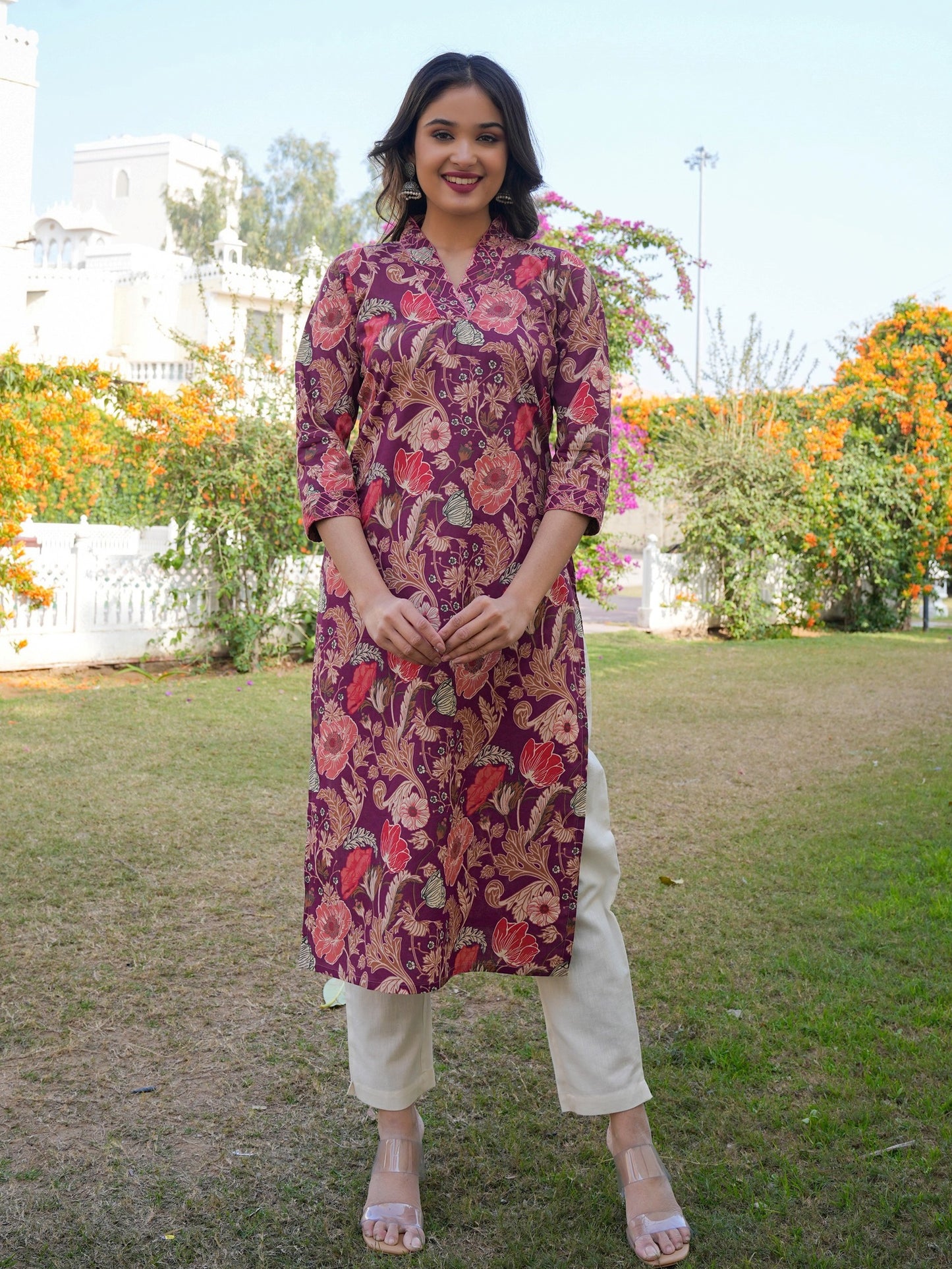 Purple Cotton Straight Printed Kurta