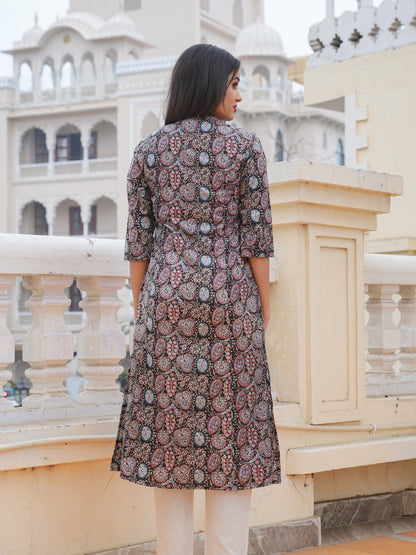 Black Cotton Printed Straight Kurta