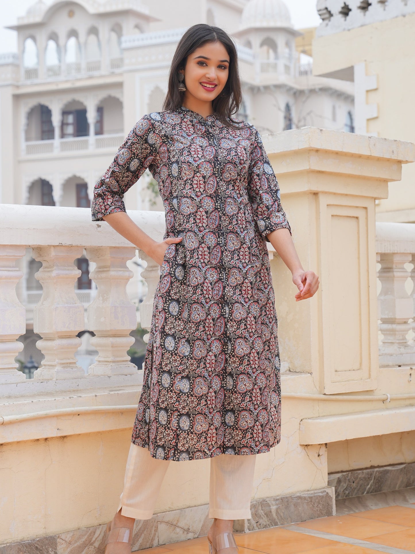 Black Cotton Printed Straight Kurta