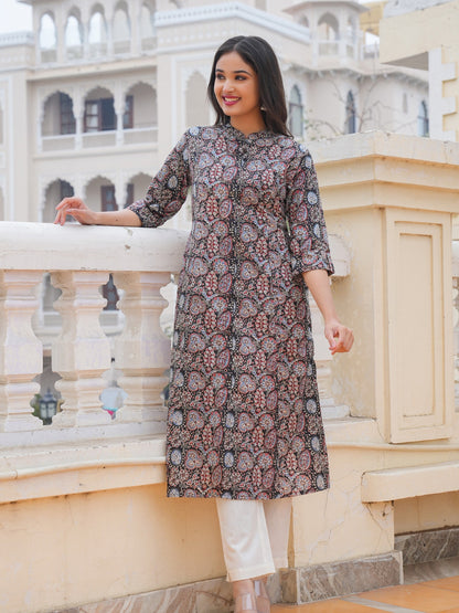 Black Cotton Printed Straight Kurta