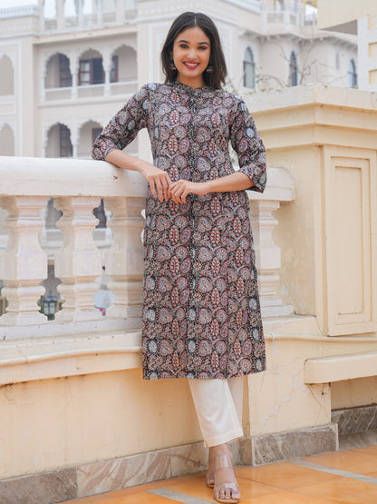 Black Cotton Printed Straight Kurta