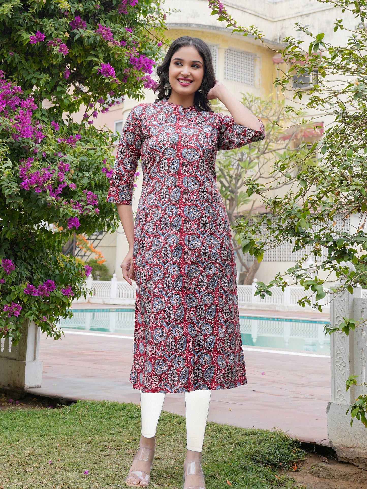 Red Printed Cotton Straight Kurta