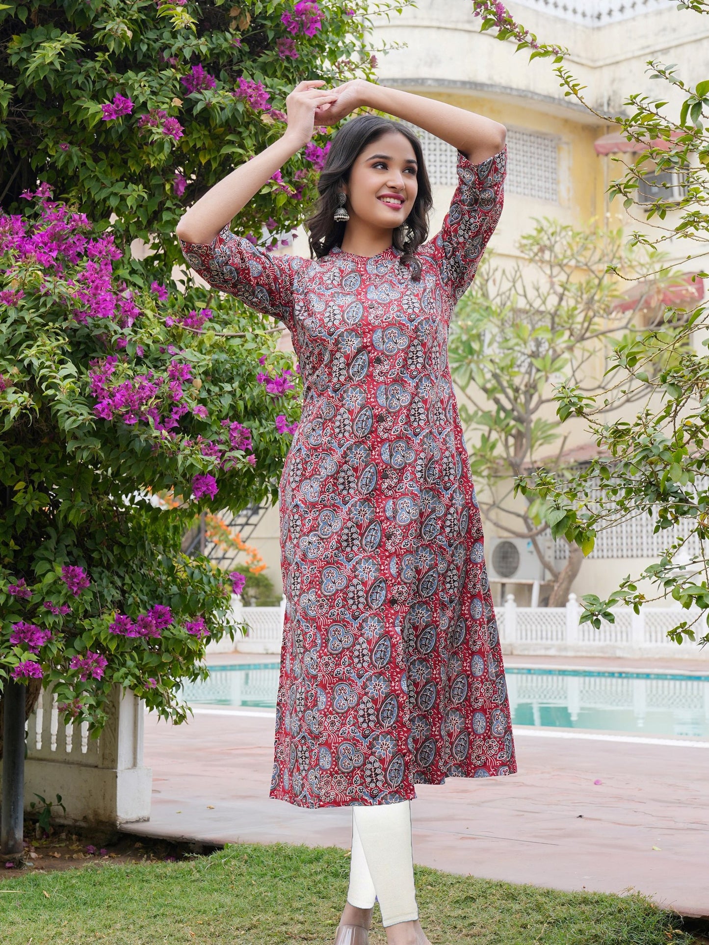 Red Printed Cotton Straight Kurta