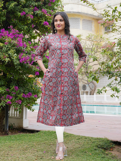 Red Printed Cotton Straight Kurta