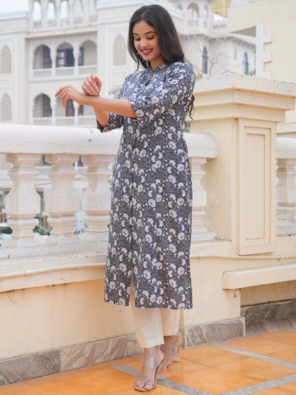 Grey Cotton Printed Straight Kurta