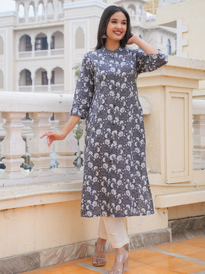 Grey Cotton Printed Straight Kurta