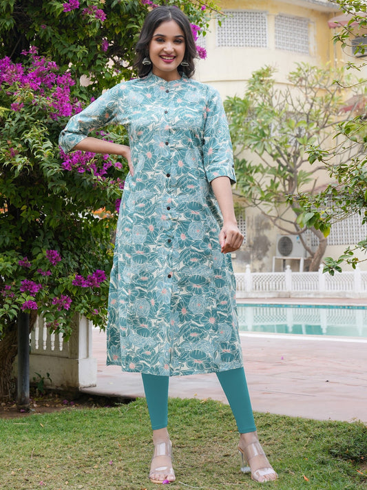 Turquoise Cotton Printed Straight Kurta